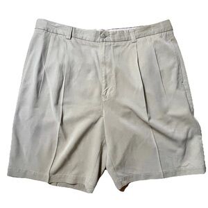 Tommy Bahama 100% Silk Shorts Sz 38 Khaki Chino Pleated Pockets 9" Inseam